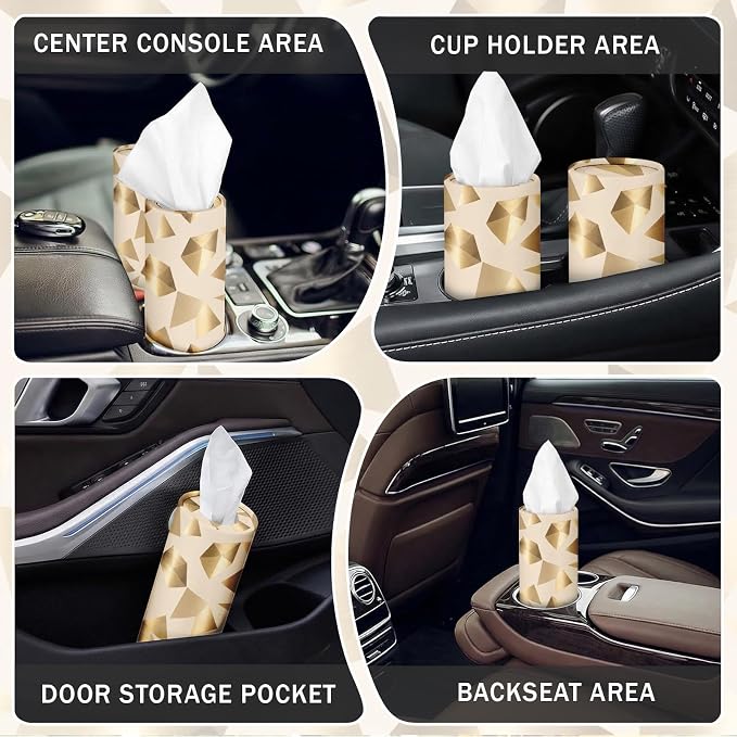 Arttown Car Tissue Holder for Cup Holder Geometric Facial Tissues 12 Pack | Gold Bulk 3-Ply,Refillable Marble Print Cylinder Tissue Boxes,Fit Car Home Office School (600 Sheets Total,50 Sheets Each) - Image 4
