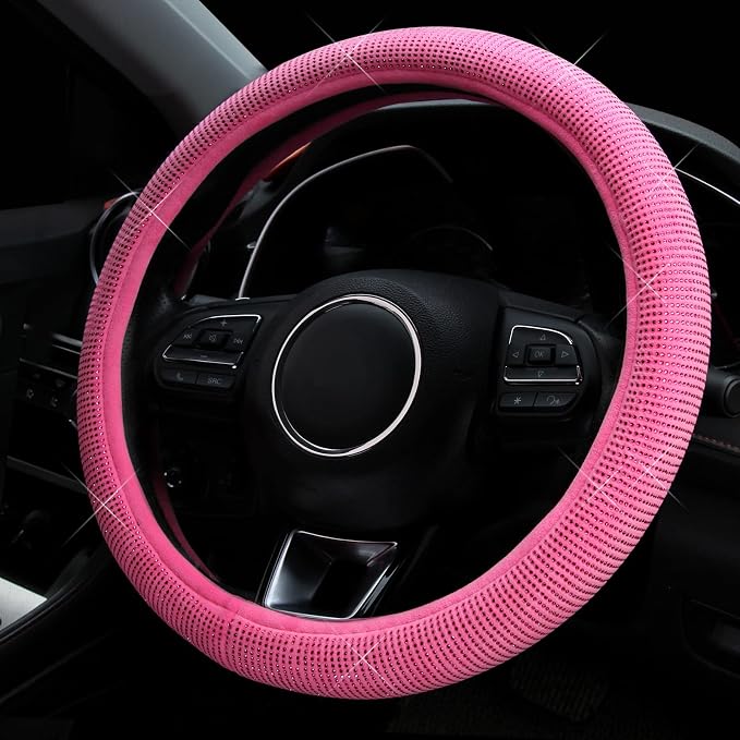Steering Wheel Cover for Women Bling Bling Crystal Diamond Sparkling Car SUV Wheel Protector Universal Fit 15 Inch (Rose,Standard Size(14" 1/2-15" 1/4)) - Image 3
