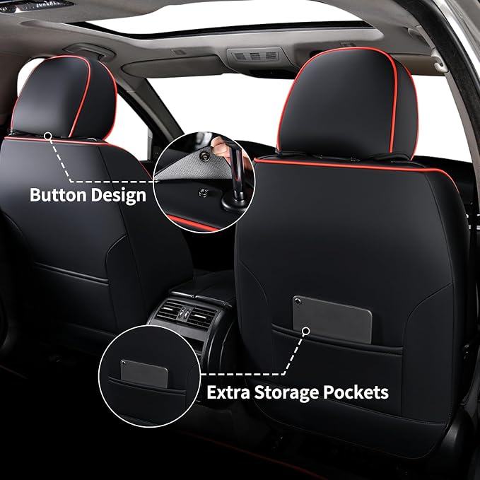 FLORICH Car Seat Covers Front Seat Covers Waterproof Leather Car Seat Protector Universal Fit Most Automotive, SUV, Truck (Black Seat Covers with Red Stitching, 2 Front Set) - Image 3