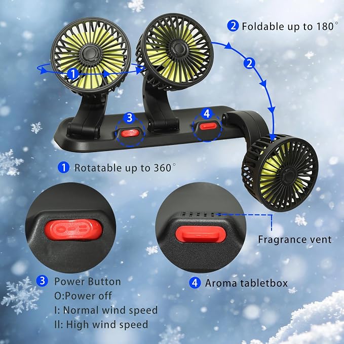 Portable 3-Head Car Cooling Fan 12V-Brushless Motor-2 Speeds, 360 Rotation,for Car Dashboard, Powerful Cooling Solution for Sedan/SUV/RV/Truck/Van Vehicles,Cigarette Lighter Powered (3-head 12V) - Image 5