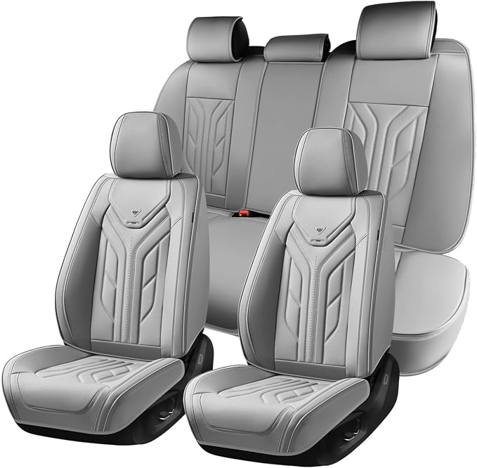 Coverado Car Seat Covers Full Set, Automotive Seat Covers Car Seat Protector Car Seat Cushion, Waterproof Leather Seat Covers for Cars, Universal Fit for Most Sedans SUV Pick-up Truck((Grey) by COVERADOAUTO
