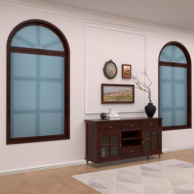 Myshade Arch Window Shades Half Circle Light Filtering Cellular Shades Cordless No Drill Blinds for Windows Half Moon Honeycomb Fabric No Tools Shades Easy Install (1PCS Blue 48" W X 24" H) - Image 2