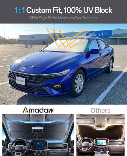 Windshield Sun Shade for Hyundai Elantra/Sonata 2000–2026, Foldable Umbrella Sunshade with 100% UV Block, Multi-Layer Heat Insulation, Reinforced 10-Rib Frame, Keeps Car Cooler - Image 3