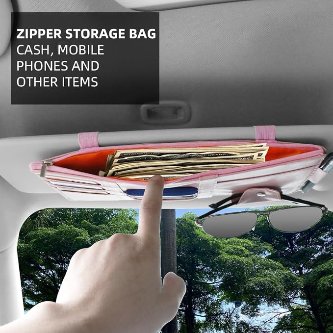 Pink Car Sun Visor Organizer, Car Interior Storage Accessory for Women | Visor accessories multi-slot design stores docs, cards & sunglasses, slim fits all vehicles without obstructing sight - Image 5