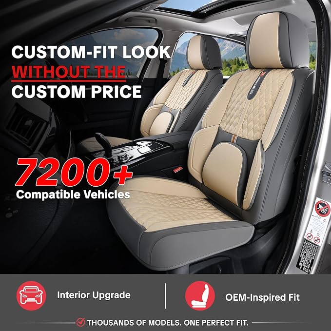 Khaki Car Seat Cover Complete Set, Universal Car Seat Cover for Car with Lumbar Support, Premium Artificial Leather, Waterproof and Easy to Clean, Airbag Compatible, Seat Heating Compatible - Image 2