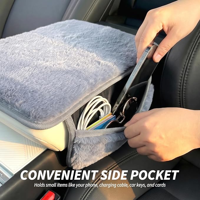 Plush Fuzzy Fur Car Armrest Cover with Side Pockets,Grey | Fluffy Armrest Cushion Pad,Soft Center Console Cover,Car Interior Storage Accessories ,for Most Car Decoration Protector - Image 3