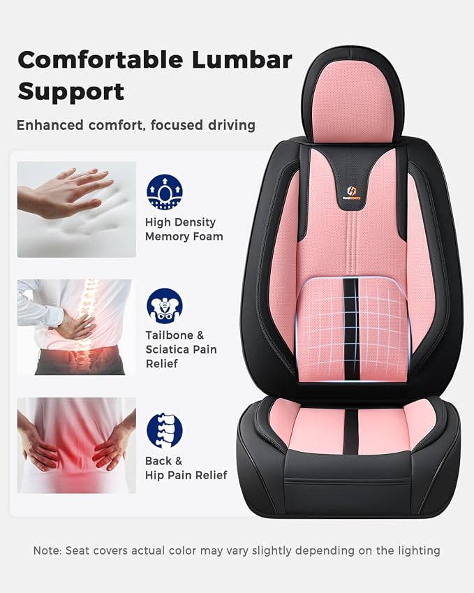 Huidasource Seat Covers Full Set Luxury Nappa Leather, Seat Covers with Velcro Adjustable, Airbag, Lumbar Support, Cooling＆Heating, Car Seat Cover Set Universal Fit for Most Cars SUV Trucks Black＆Pink - Image 5