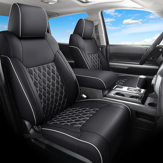 Huidasource Tacoma Front&Back Seat Covers Full Set, Automotive Leather Car Seat Cushion Cover Fit for 2005-2015 Double&Crew Cab 2nd Gen Toyota Tacoma Base SR5 Limited TRD Sport(Full Set/Black&White) by Huidasource