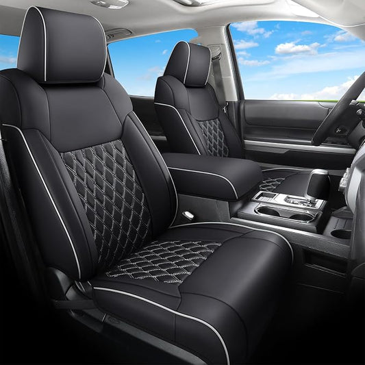 Huidasource Tacoma Front&Back Seat Covers Full Set, Automotive Leather Car Seat Cushion Cover Fit for 2005-2015 Double&Crew Cab 2nd Gen Toyota Tacoma Base SR5 Limited TRD Sport(Full Set/Black&White) by Huidasource