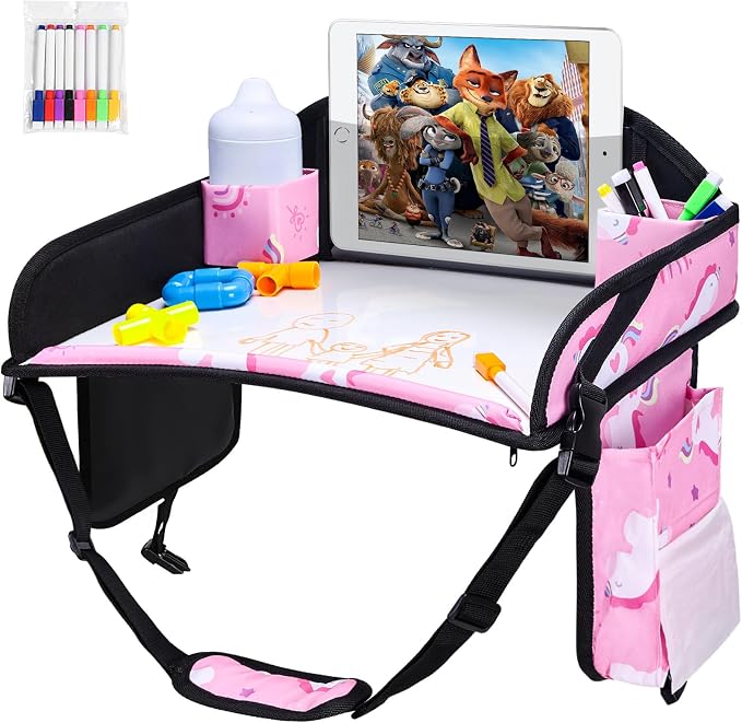 Kids Travel Tray for Toddler Car Seat, Road Trip Activities for Kid | Toddler Car Activities with No-Drop iPad Holder Stand, Roadtrip Essentials with Dry Erase Board & Cooler Cup Holder, 3PC - Image 2