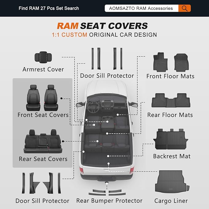 AOMSAZTO Custom Fit Seat Covers for Dodge RAM 1500 2019-2026 Full Set Black | Ram Crew Cab Only, fit Seat-back Armrest Model, Pickup Seat Covers, Premium Faux Leather, Perfect Fit, Airbag Compatible - Image 8