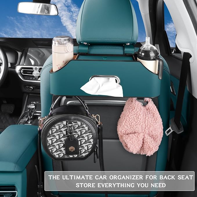 HOLDCY Car Back Seat Organizer with 2 Cup Holders, Tissue Storage, Blue | Rigid ABS Frame With Pu Leather, Dual Hooks And Tool-Free Mounting For Cars, Suvs And Trucks With Separate Headrest Posts - Image 4