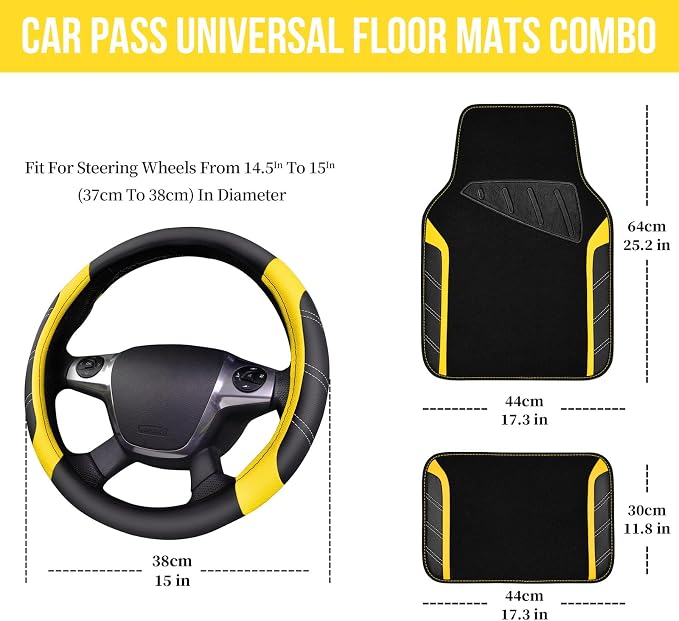 CAR PASS Leather Steering Wheel Cover and Waterproof Car Floor Mats,Microfiber Universal Car Combo Fit for 95% Sedan SUV Van Truck,14.5-15 inch Sporty Anti-Slip Safety Comfortable Design, Black＆Yellow - Image 2