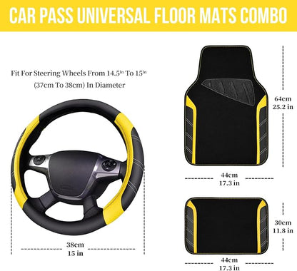 CAR PASS Leather Steering Wheel Cover and Waterproof Car Floor Mats,Microfiber Universal Car Combo Fit for 95% Sedan SUV Van Truck,14.5-15 inch Sporty Anti-Slip Safety Comfortable Design, Black＆Yellow - Image 2