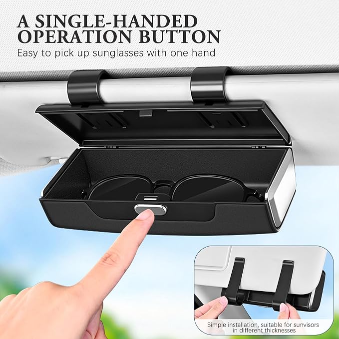 Sunglass Holder For Car Visor,Button-Open Sunglass Case For Car Visor,Car Sunglass Holder With Card Storage Function Suitable For Truck And Sedan To Place Sunglass (Black) - Image 2