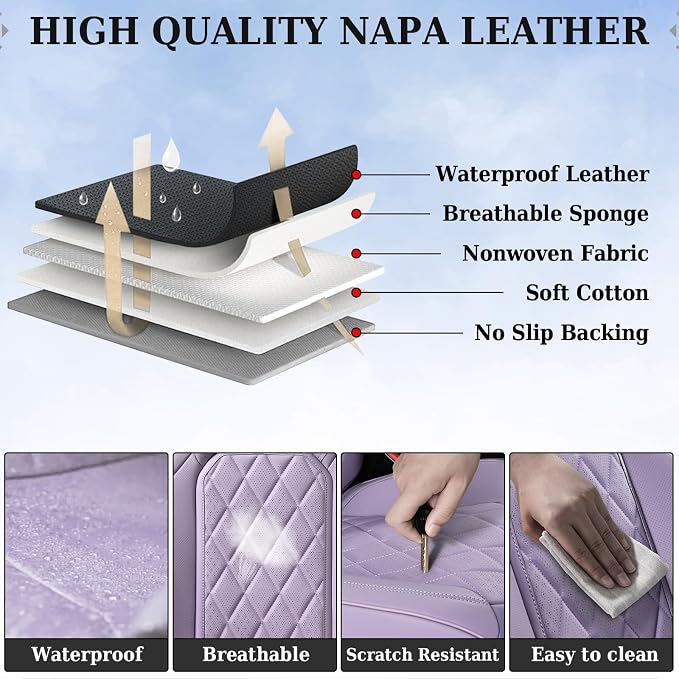 Coverado Car Seat Covers Full Set, Purple Leather Seat Covers for Cars, Luxury Front and Back Car Seat Protector, Universal Waterproof Car Seat Cover, Automotive Seat Covers Fit for Most Cars, Purple - Image 4