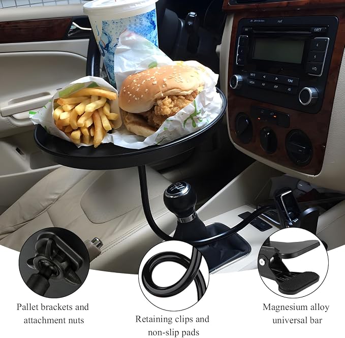 Adjustable Food Tray for Car, 360° Swivel Non-Slip Car Drink Cup Snack Table Clip Type Dining Trays, 8.7 Inch Rotating Food Table Folding Storage Tray for Most Vehicles - Image 3