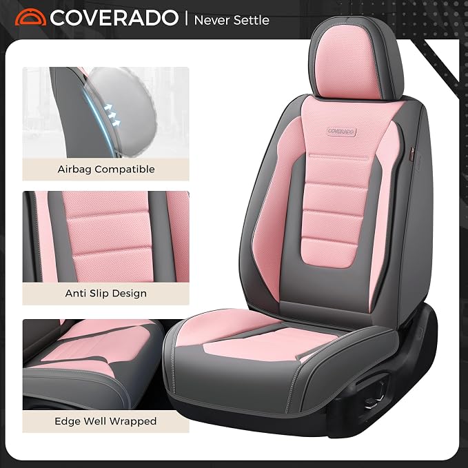 Coverado Car Seat Covers Front, Seat Covers for Cars, Waterproof 2-Pack Car Seat Cushions, Leather Carseat Seat Protectors, Universal Seat Covers Fit for Most Sedans SUV Pick-up Trucks(Gray&Pink) - Image 6