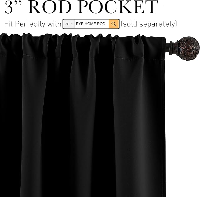 RYB HOME Short Blackout Privacy Curtains 30 inch Long for Bathroom Window | Thermal Insulated, Heat Blocking, Rod Pocket, Half Window Curtain Tiers for Nursery Bedroom, W42 x L30, Black, 2 Panels - Image 2