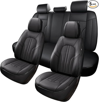 MINGBRON Car Seat Cover Full Set, Leather Car Seat Cover, Waterproof Seat Covers, Car Seat Cushion, Nappa Leather Seat Covers Car Seat Protector Universal Fit Most Cars Black by MINGBRONCARSEATCOVER