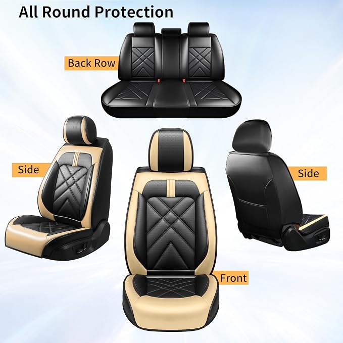 Optima Car Seat Covers Fit for Kia Optima 2002-2020, Premium Full Coverage Leather Automotive Seat Protectors, All Seasons Waterproof Breathable, Airbag Compatible, Full Set Seats Black Beige - Image 9