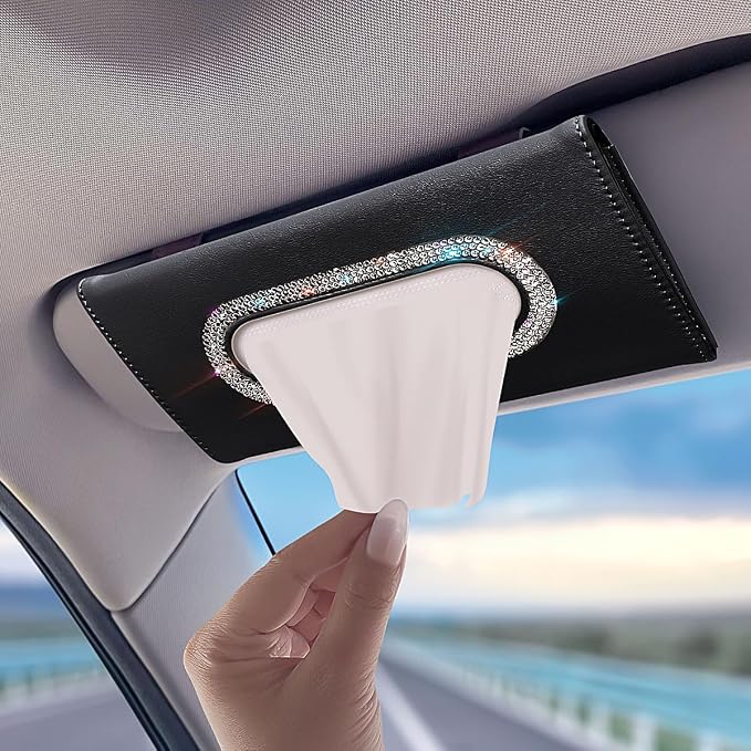 Bling Car Visor Tissue Holder, Diamond Mask Holder, PU Leather Tissue Box Holder, Wipes Case, Sun Visor Napkin Holder (Black) by Murimt