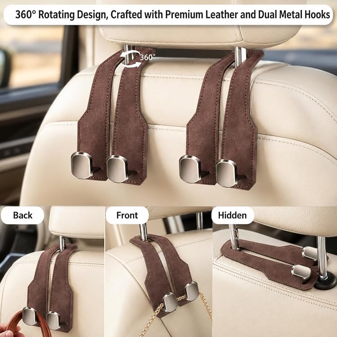 2 Pack Car Headrest Hooks, Dual Metal Hooks, Stylish Brown | Premium leather with dual metal hooks and anti-drop design. Holds purses, bags, coats, and groceries securely. - Image 3
