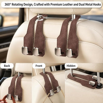 2 Pack Car Headrest Hooks, Dual Metal Hooks, Stylish Brown | Premium leather with dual metal hooks and anti-drop design. Holds purses, bags, coats, and groceries securely. - Image 3