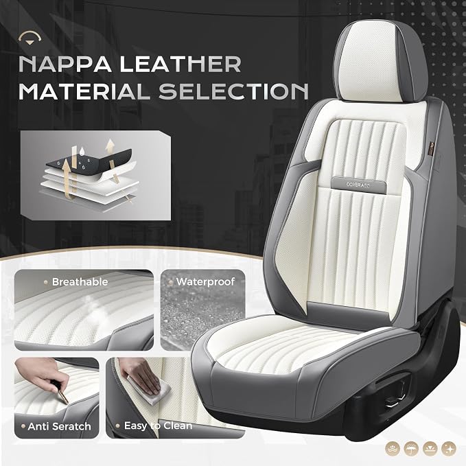 Coverado Car Seat Covers Front Seats, Seat Covers for Cars, Car Seat Protector, 2-Pack Car Seat Cushion Nappa Leather, Waterproof Seat Covers Carseat Cover Universal Fit for Most Cars(Gray&White) - Image 2