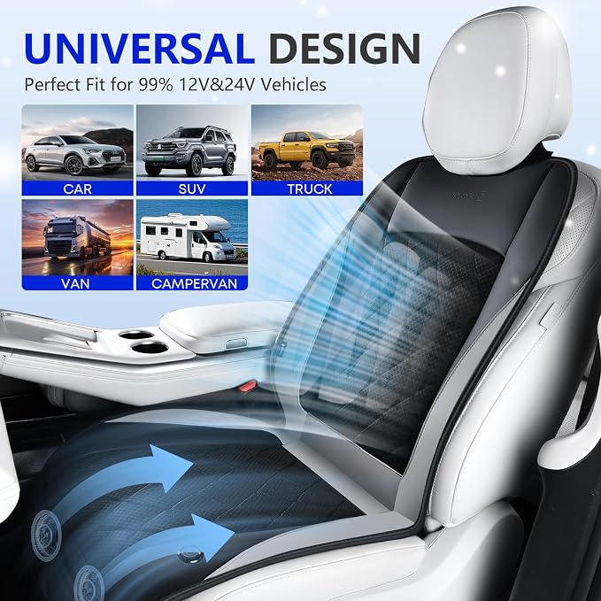 [2026 Upgrade] Cooling Car Seat Cover Ventilated Seat Cushion Summer Driving 12V-24V Ventilated Car Seat Cushion with 2 Powerful Turbo Fans with 3-Speed Adjustable Universal Fit Most Car-Slight Grey - Image 6