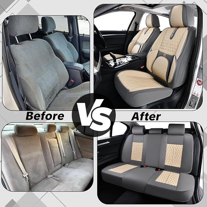 Khaki Car Seat Cover Complete Set, Universal Car Seat Cover for Car with Lumbar Support, Premium Artificial Leather, Waterproof and Easy to Clean, Airbag Compatible, Seat Heating Compatible - Image 9
