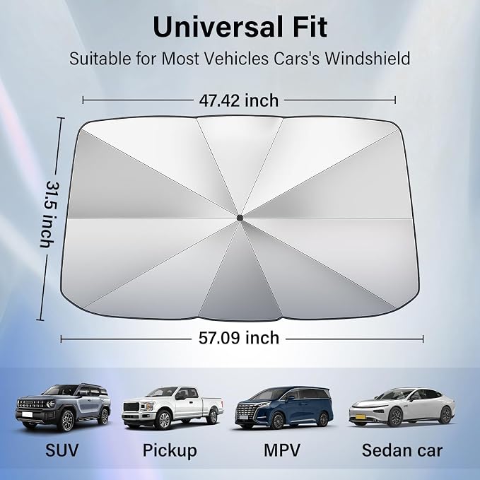 Windshield Sun Shade Umbrella, Blocks UV Rays & Heat, 57"x31.5", Silver | Foldable Car Window Shades for Mini SUV Sedans Hatchbacks, Blocks UV Rays, Keep Car Cool & Protect Interior, Spring Edge - Image 2