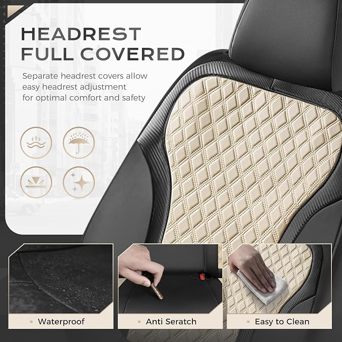 Coverado Front Seat Covers, 2-Pack Luxury Diamond Leather Car Seat Cover with Carbon Fibre Weave Design, Waterproof Car Seat Protectors, Black&Beige Driver Seat Covers Universal Fit for Cars Trucks - Image 3