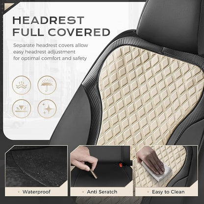 Coverado Front Seat Covers, 2-Pack Luxury Diamond Leather Car Seat Cover with Carbon Fibre Weave Design, Waterproof Car Seat Protectors, Black&Beige Driver Seat Covers Universal Fit for Cars Trucks - Image 3