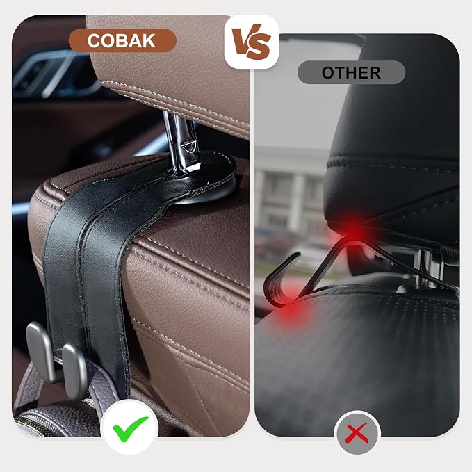 CoBak Purse Hook for Car - Universal Premium Stitched Leather and Aluminum-Magnesium Alloy Double Car Seat Back Storage Hook for Purses, Handbags, Bags (4 Pack),Black - Image 3