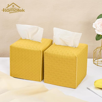 HOMOTEK 2 Pack Tissue Box Cover, Square PU Leather Tissue Holder, Decorative Facial Tissue Cube Paper Organizer Dispenser for Bathroom, Night Stands, Desk, Car 5X5X5'' - Woven Waffle,Mango Yellow - Image 6