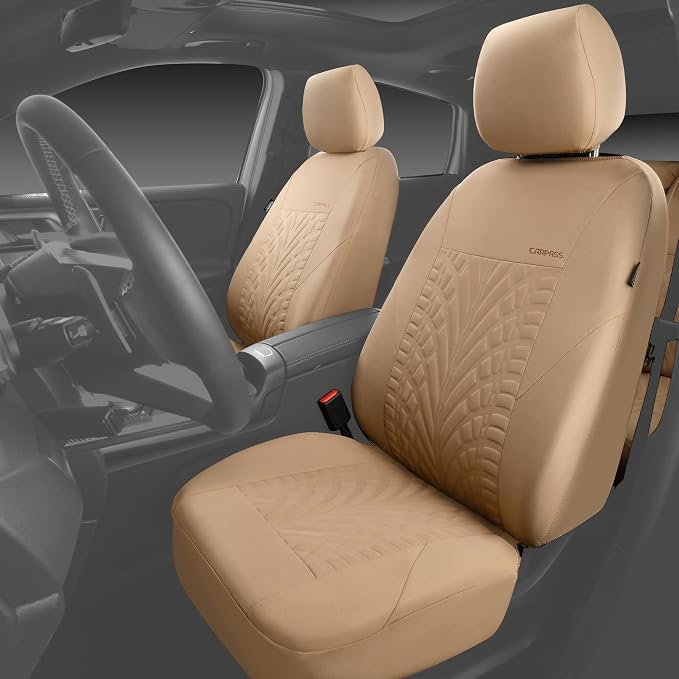 CAR PASS Car Seat Covers Two Front Only for Car, 3D Tyre Print Automotive Interior Covers, Airbag Compatible, Quick Setup Universal Fit Seat Covers for Car, Truck, SUV(All Beige) - Image 4