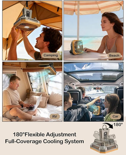 Odoland Portable Camping Fan with LED Lantern, 40H Rechargeable Battery Fan | Quiet Tent Fan with Hanging Hook for RV Car Beach Outdoor Hurricane Emergency Outages, 4-Speed Wind & 3-Color Light, Brown - Image 6