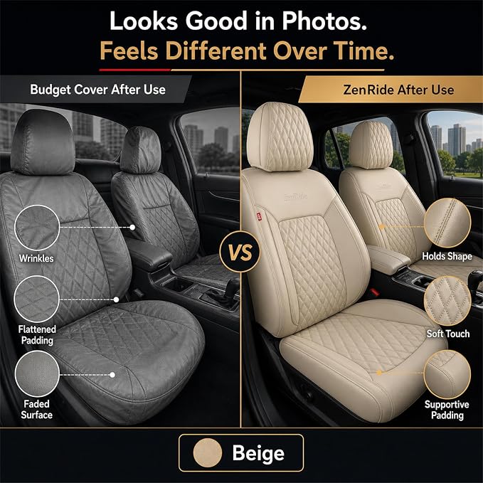 Beige High-Density Nappa Leather Automotive Car Seat Covers Full Set | Univerasal Fit,3D Contoured,Full Coverage,Waterproof,ThickTexture Nappa Leather,for most Suvs Trucks Sedans - Image 3