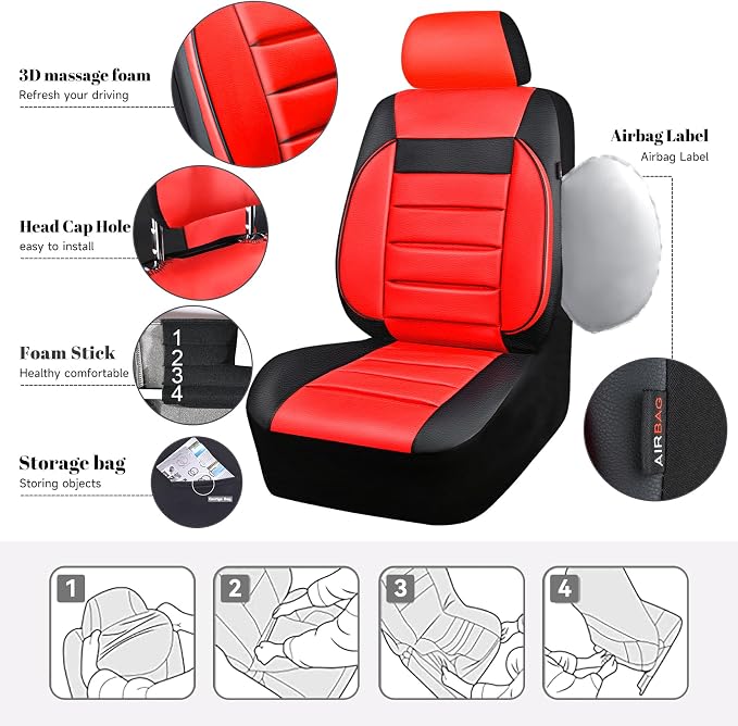 CAR PASS Leather Seat Covers Full Set Universal Water Resistant 3D Foam Back Support, Luxury Comfort Automotive 5 Seat Covers All Season Fit for SUV,Sedan,Van, Airbag Compatible Elegance (Black Red) - Image 3