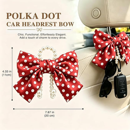 2 Pack Pearl Car Seat Headrest Hook with Bow & Sequin/Leopard/Polka Dot Design – Cute Purse Hanger for Vehicle,Grocery Bags, Umbrellas, Seat Back Organizer for Women (Red Polka Dot) - Image 3