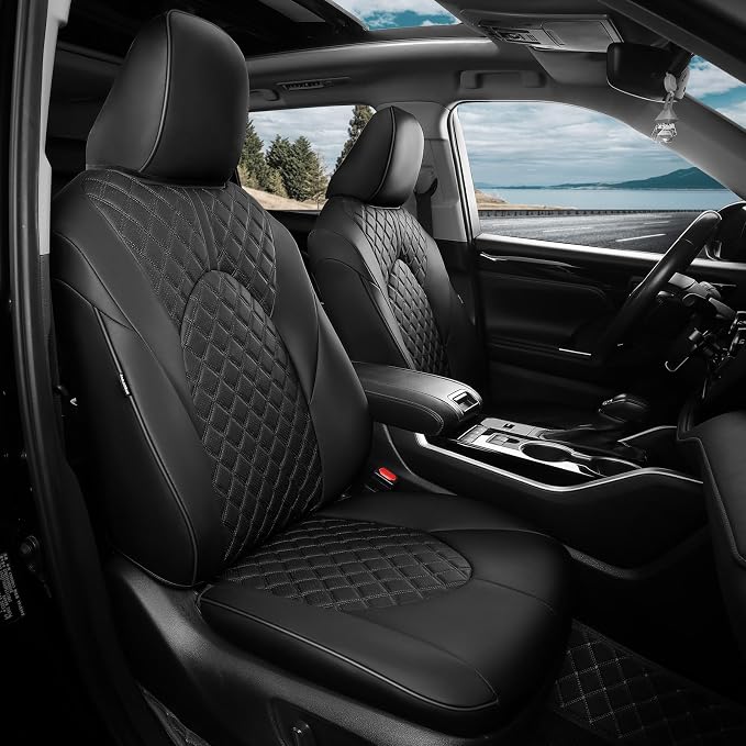 Custom Seat Covers for Toyota Highlander 2020-2024 8 Seats Black | faux leather, 2nd row 40/60 split bench, waterproof, breathable, airbag compatible, stain resistant, easy install by FEINEPRO