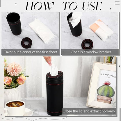 1 Pcs Car Tissues Cylinder Leather Round Container Car Tissues Holder with Tissue Paper with Window Breaker for Vehicle Bathroom Office(Black) - Image 6