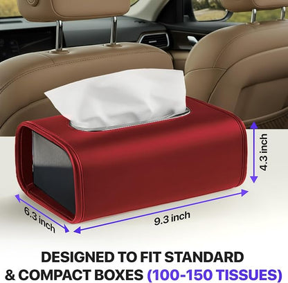 Lucrum Extra Large Car Tissue Holder - PU Leather Tissue Box Cover | Fits Regular Size Napkins Box - PU Leather Car Tissue Holder for Seat Back, Sun Visor & Console - Wine Red - Image 3