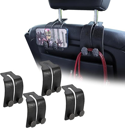 Leather Car Purse Hook for Headrest, 4 Pack (Black-Black) | Twin Hooks Headrest Hangers, 2/4 Pack, No-Slip, Scratch-Proof, Holds Purses, Backpacks, Grocery Bags, Car Organizer Gift by Fashion