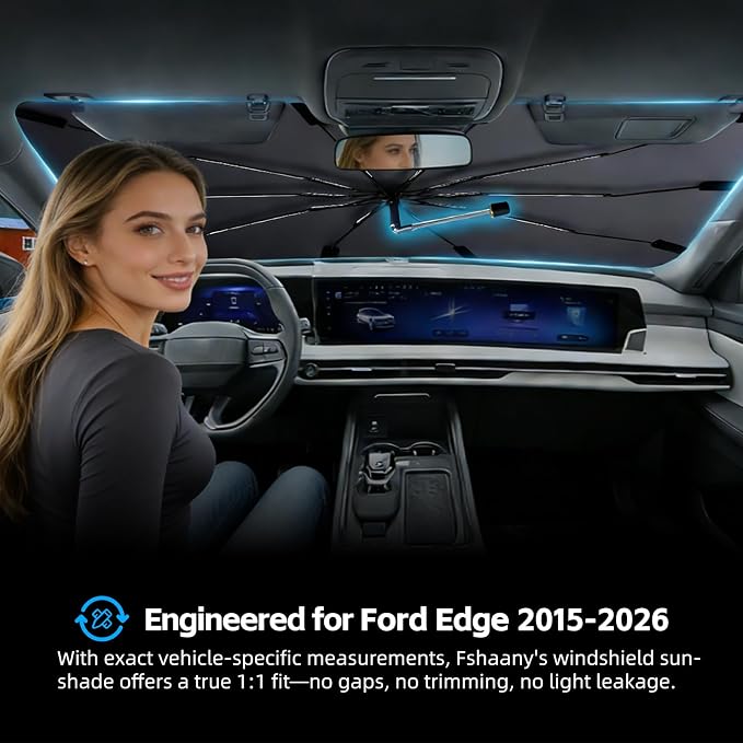 Windshield Sun Shade Umbrella for Ford Edge 2015-2026 Front Window Shield | Heat-Reflective Window Shade, Umbrella Sunshade Cover Blocks Heat, Protects Interior, Vehicle-Specific Precision Fit - Image 2