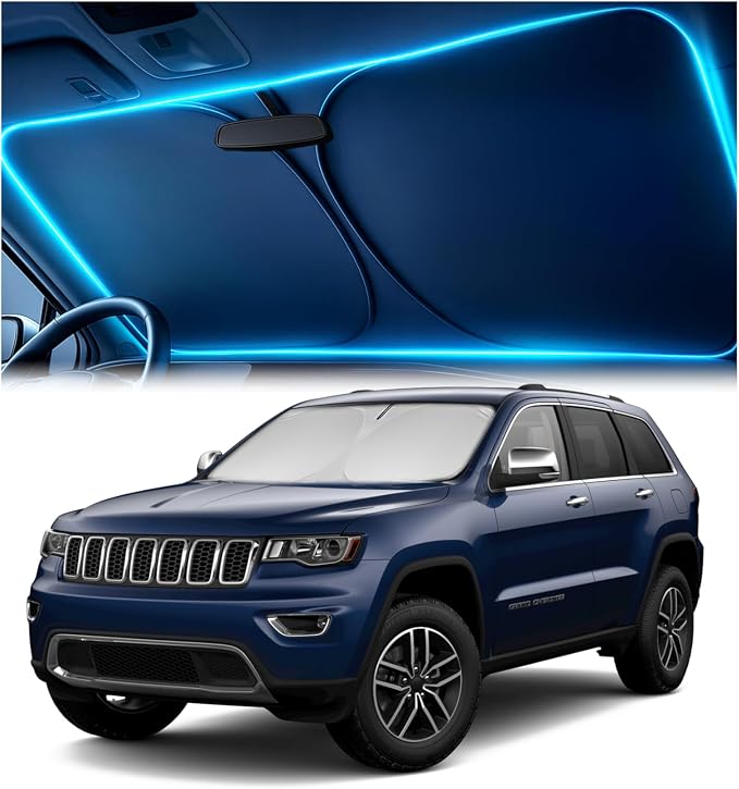 Windshield Sun Shade for Jeep Grand Cherokee 2011-2026 – Custom Fit Sun Shield with Mirror Cut‑Out, Blocks Heat & UV, Foldable with Storage Pouch - Jeep Grand Cherokee Windshield Sunshade by Autopect