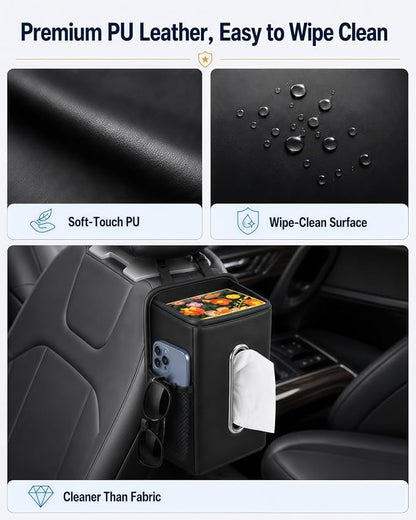 COZILO Leather Car Tissue Holder for Front & Back Seats, Car Tissue Box with 2 Side Mesh Pockets, Wide Metal Opening for Easy Pull, Fits 100–160 Count Rectangular Tissue Boxes, Black - Image 8