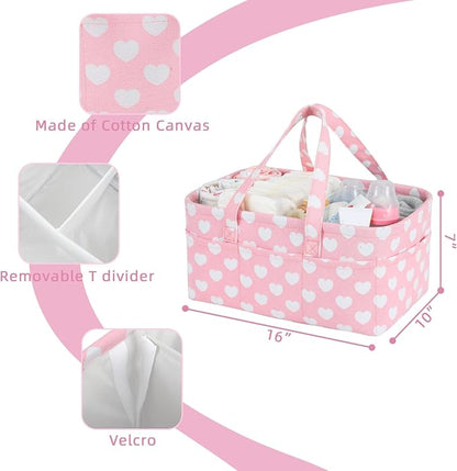 Diaper Caddy Organizer for Baby Girl-Nursery Storage Bin-Portable Car Organizer for Diapers and Baby Wipes- Baby Shower Registry Basket Newborn Must Have Tote Caddy Bag（Pink Heart） - Image 6