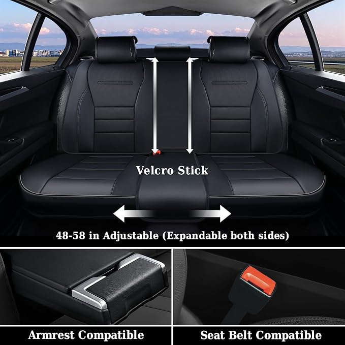 Coverado Car Seat Covers Full Set, Black Seat Covers for Cars, Car Seat Cover, Car Seat Protector, Nappa Leather Car Seat Cushion, Waterproof Car Seat Covers Front Seats and Back Fit for Most Cars - Image 7